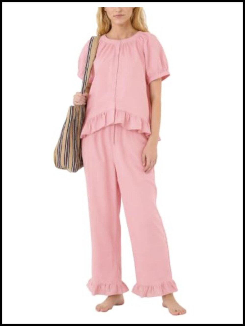 Womens Ruffle Pajama Set Short Sleeve Wide Leg Lounge Set with Pockets